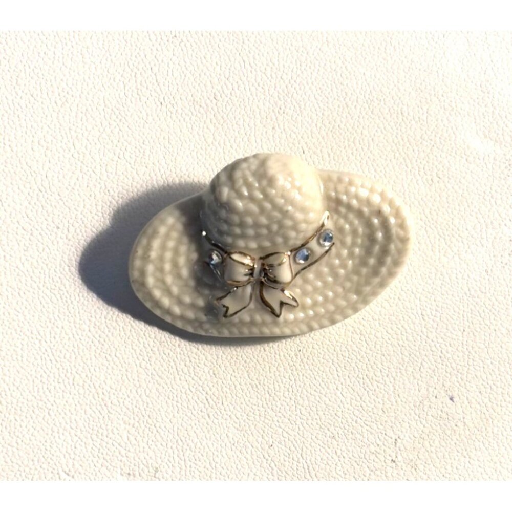 Lenox Ceramic Hat Brooch With Rhinestone Bow Accent White Textured Finish Pinbac